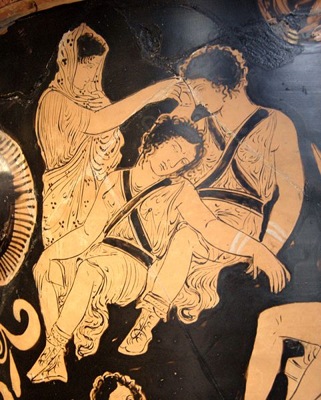 Apulian red-figure bell-krater, from 380–370 B.C., by the Eumenides Painter, showing Clytemnestra trying to awaken the Erinyes, at the Louvre.