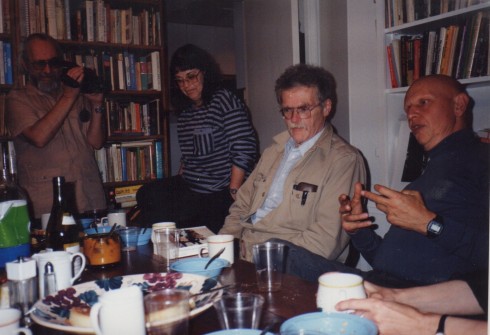 Robert Kelly in Encenitas, CA at the Rothenbergs' with jerry at camera, & RK flanked by Diane Rothenberg & David Antin. circa '89-90